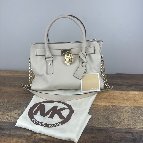 Michael Kors Satchel Handbag Purse Beige Leather Gold Chain Shoulder Bag - Picture 1 of 12